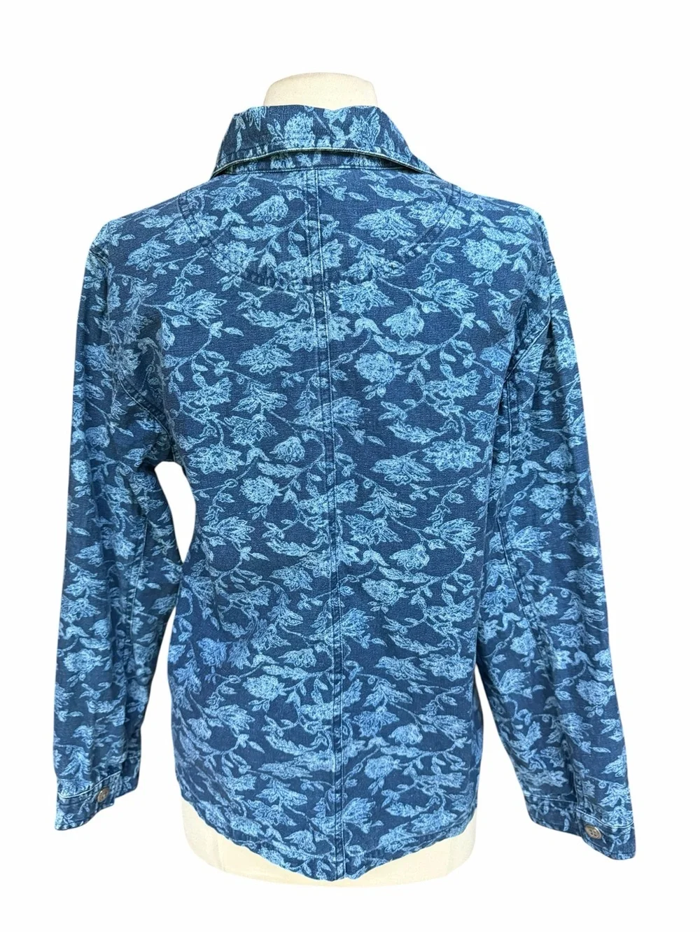 Y2K Faded Glory 100% Cotton Dark Indigo Wash Pale Blue Floral Print Denim Jacket